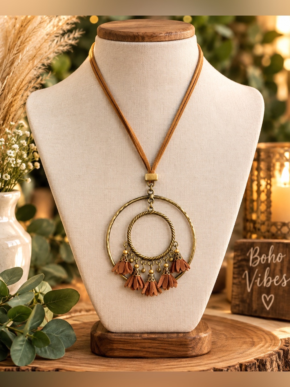 ✨ NEW ✨ Boho Tan Tassel Double-Ring Pendant Necklace ✨